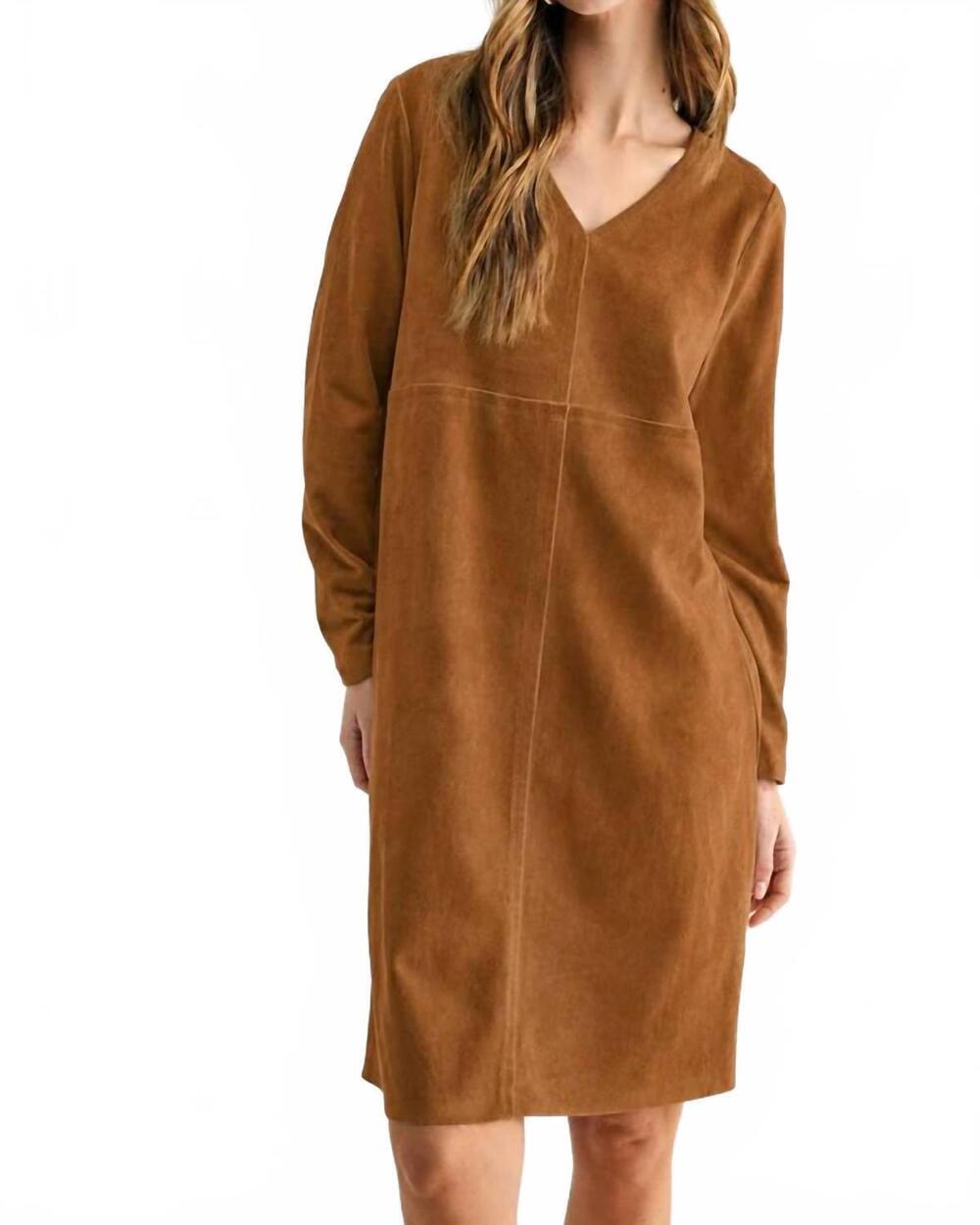 NEW JOH aurora suede long sleeve v neck dress in caramel